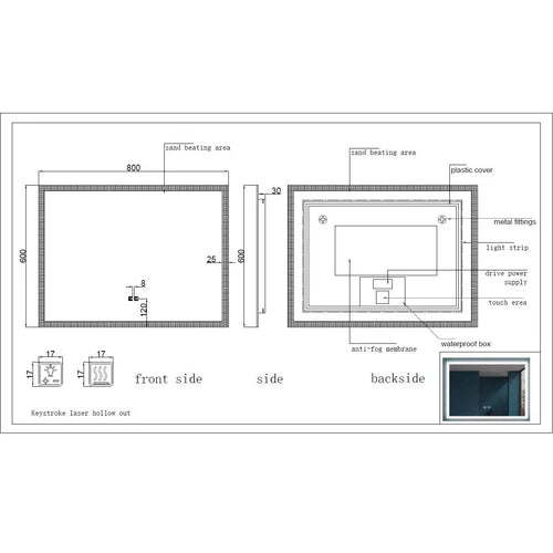 Espejo Horizontal con luz led y sistema antiempañante (Alto 60cm x 80cm Alto)